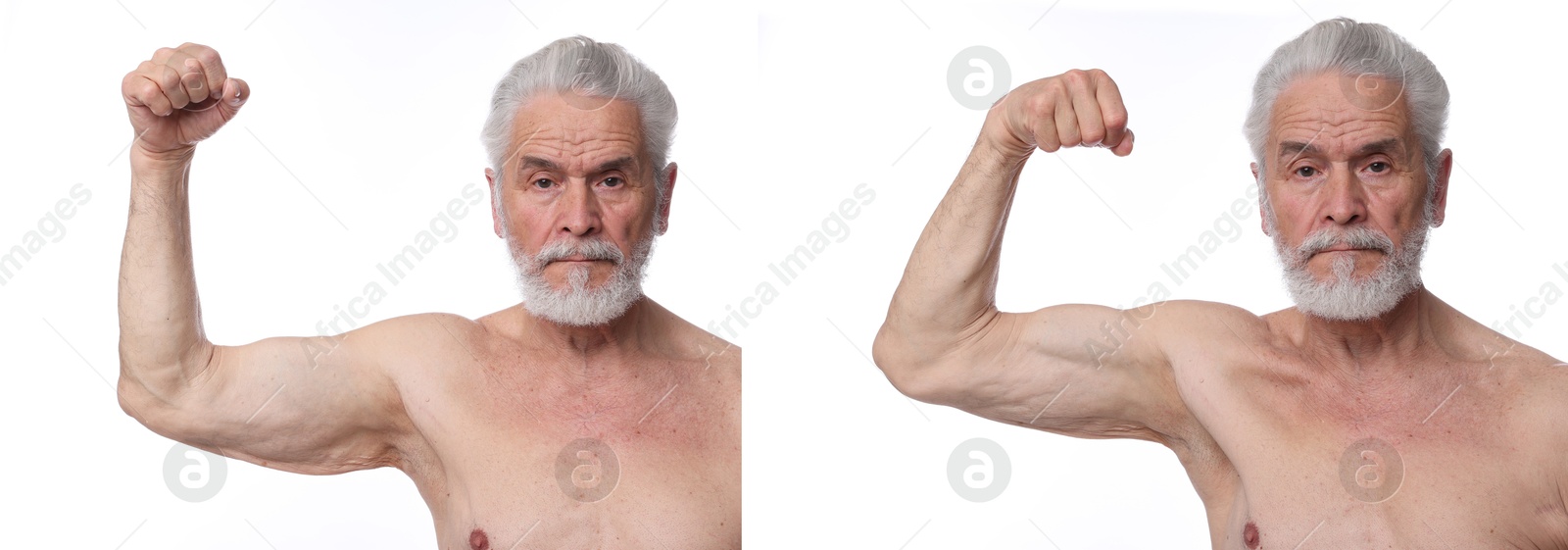 Before and after collage. Man showing his biceps against white background Image of Before and after collage. Man showing his biceps against white background