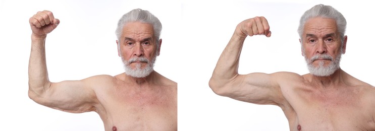 Image of Before and after collage. Man showing his biceps against white background
