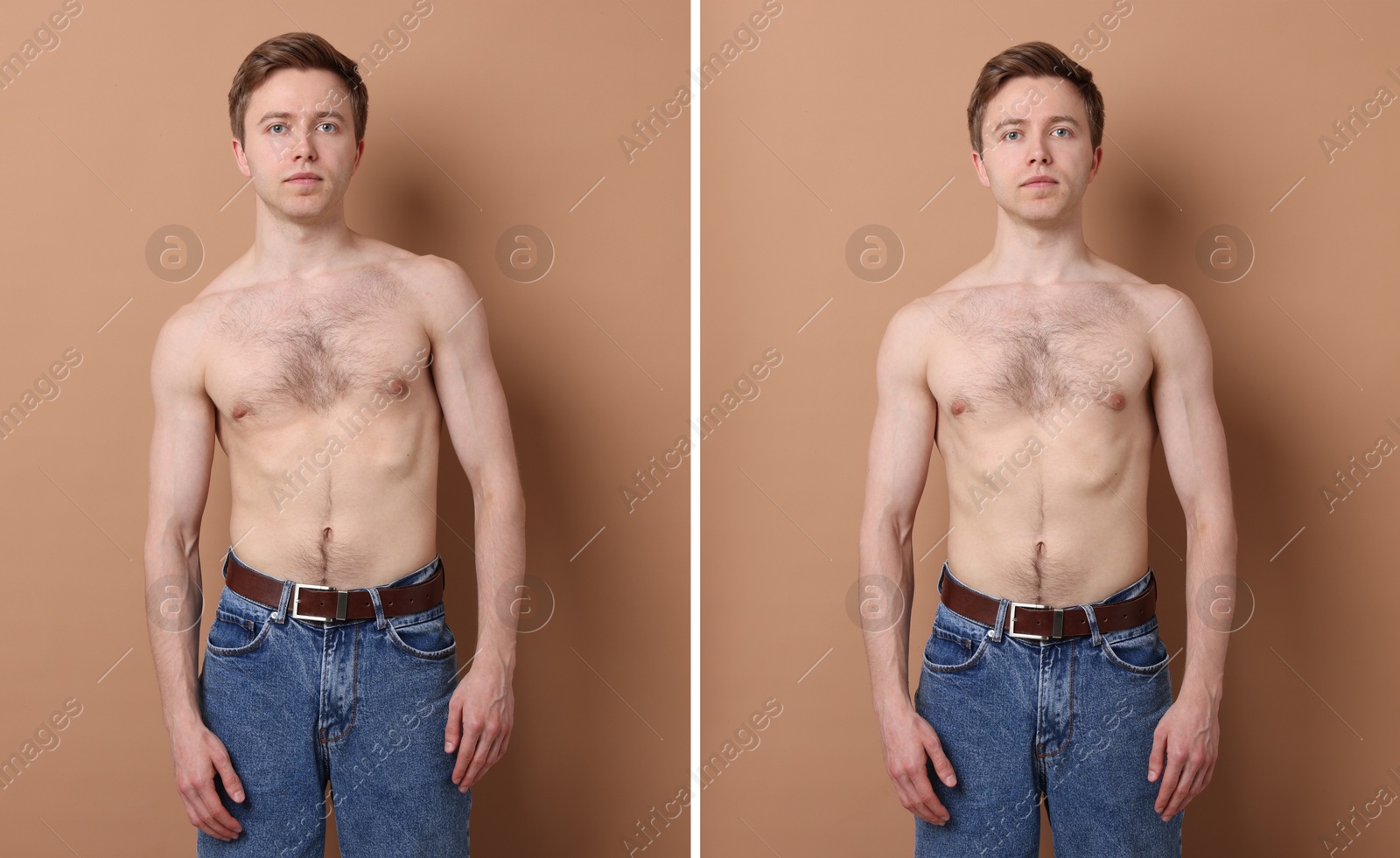 Image of Before and after collage showing man with good and bad posture against pale brown background