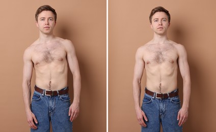 Image of Before and after collage showing man with good and bad posture against pale brown background