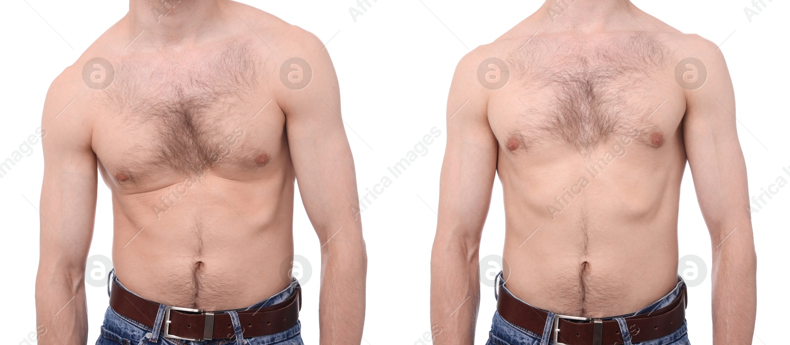 Before and after collage showing man with good and bad posture against white background, closeup Image of Before and after collage showing man with good and bad posture against white background, closeup