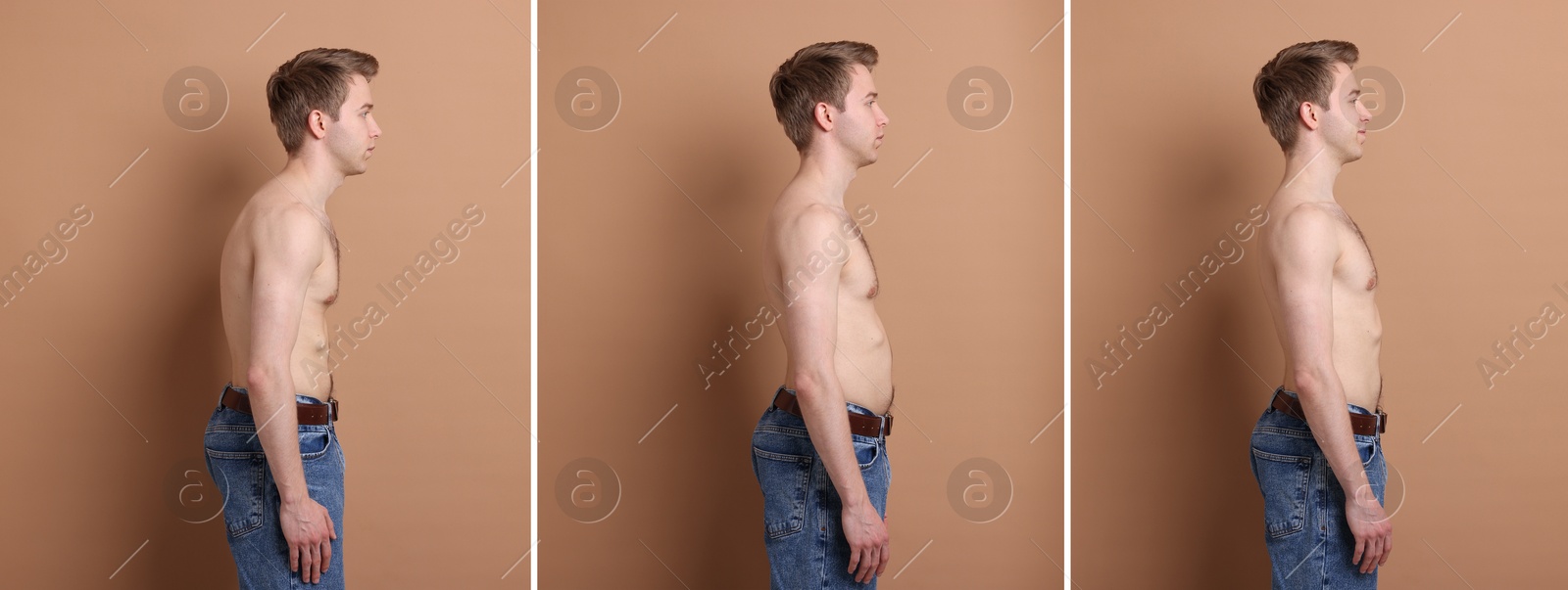Before and after collage showing man with good and bad posture against pale brown background Image of Before and after collage showing man with good and bad posture against pale brown background
