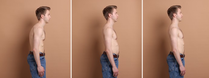 Image of Before and after collage showing man with good and bad posture against pale brown background