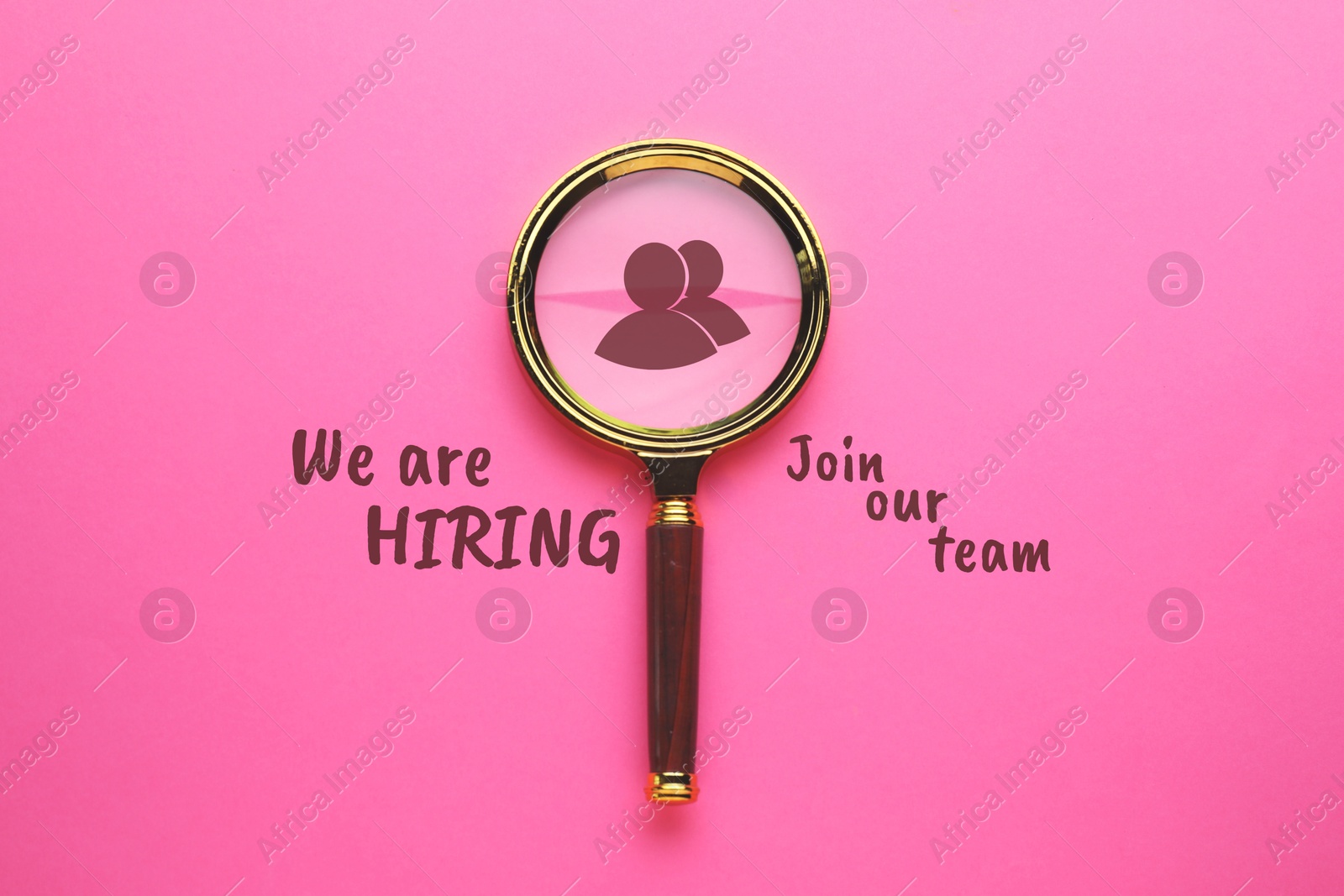 Image of We are hiring, join our team. Magnifying glass with human icon and inscription on pink background, top view