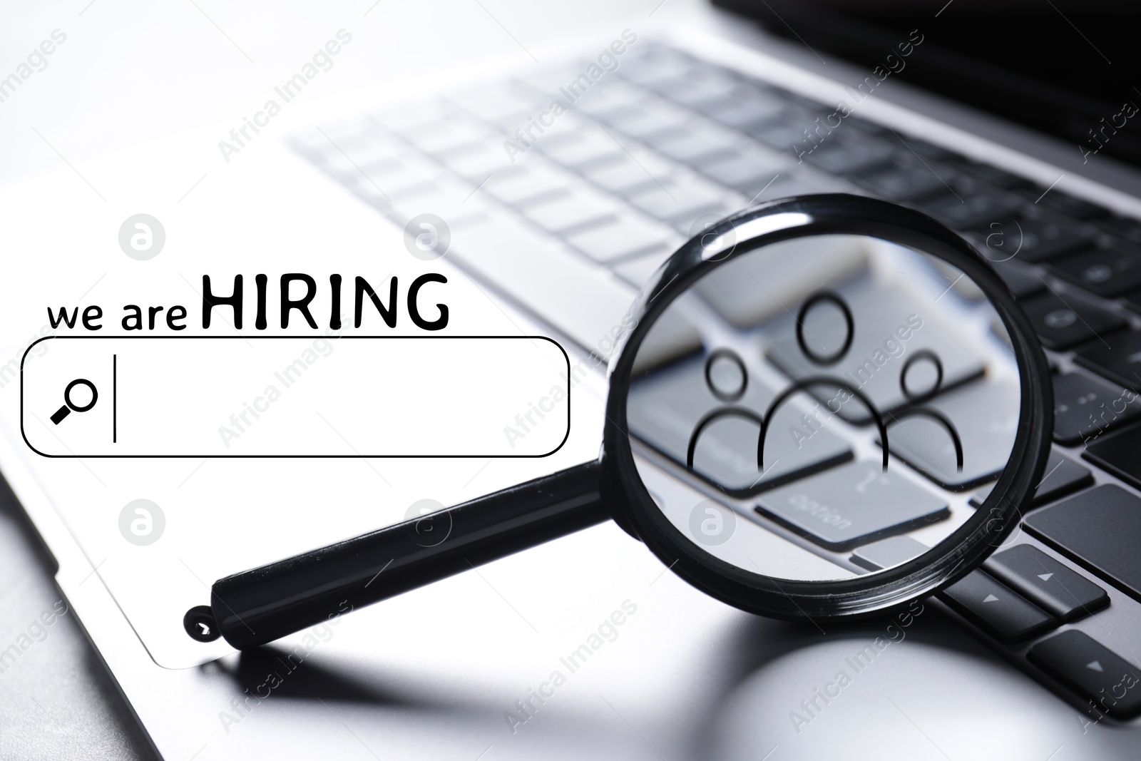 Image of We are hiring. Magnifying glass with human icon inside, search bar and laptop