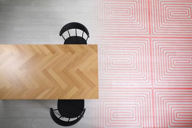 Image of Underfloor heating system, double exposure with laminate floor in room. Top view