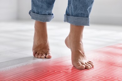 Image of Woman walking barefoot on warm floor, closeup. Underfloor heating system, double exposure