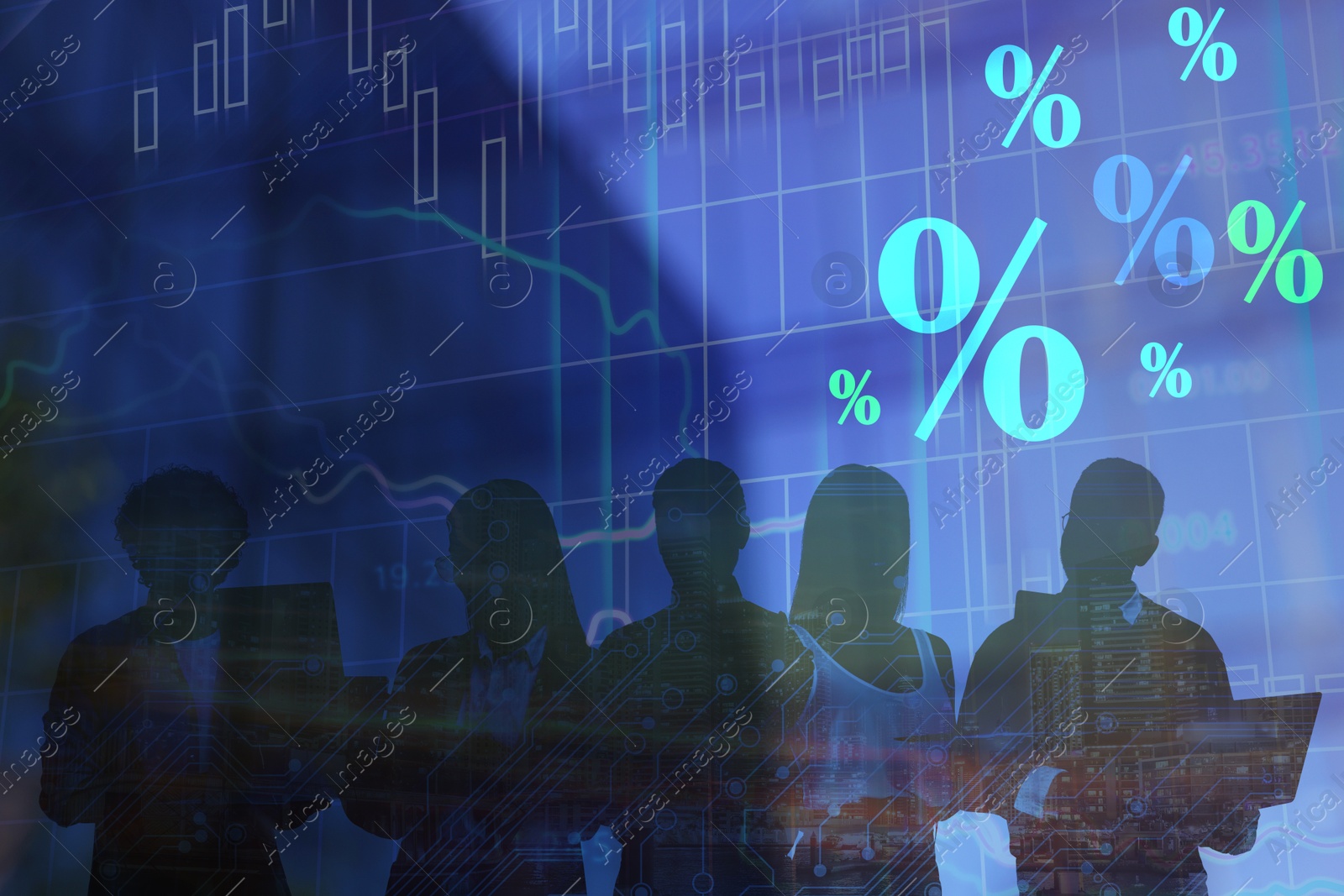 Image of Percent signs, graph, building and silhouette of businesspeople, double exposure