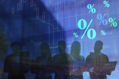 Image of Percent signs, graph, building and silhouette of businesspeople, double exposure