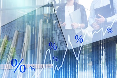 Image of Percent signs, graph, building and businesspeople, double exposure