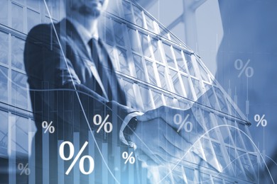 Image of Percent signs, graph, building and businesspeople shaking hands, double exposure