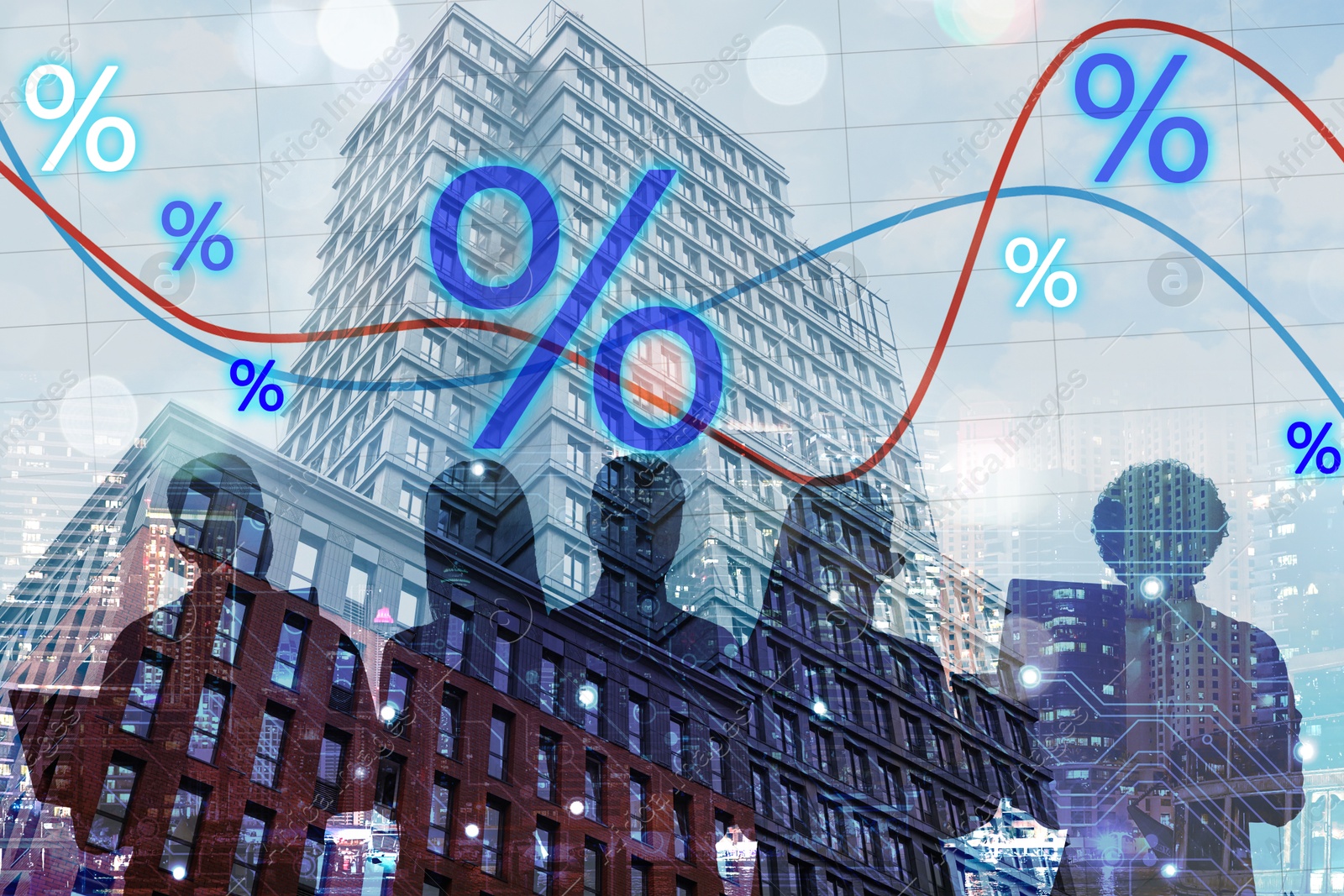 Percent signs, graph, building and silhouette of businesspeople, double exposure Image of Percent signs, graph, building and silhouette of businesspeople, double exposure