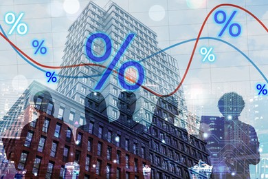 Image of Percent signs, graph, building and silhouette of businesspeople, double exposure