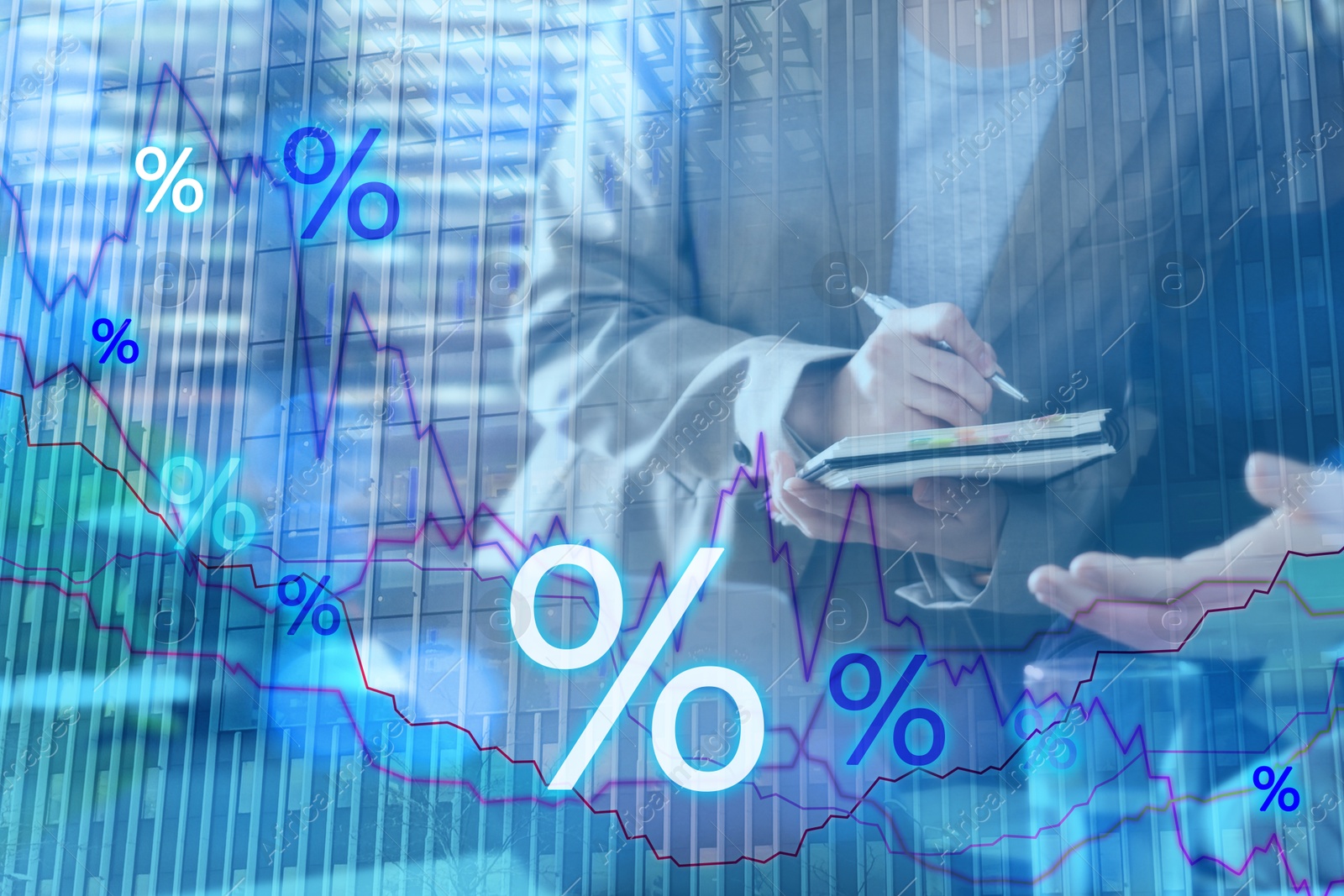 Image of Percent signs, graph, building and businesspeople, double exposure