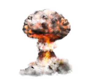 Image of Explosion with fire and smoke on white background. Radioactive hazard
