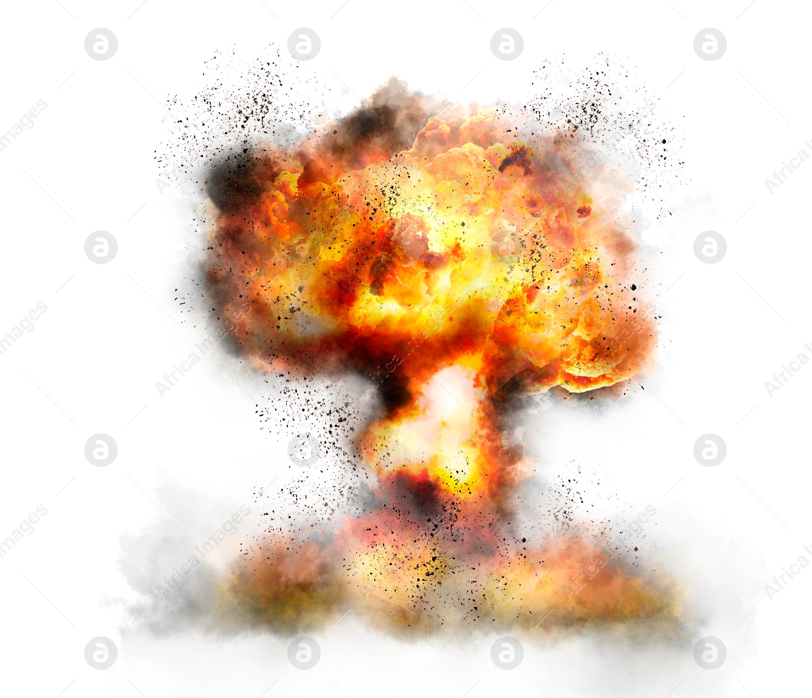 Explosion with fire and smoke on white background. Radioactive hazard Image of Explosion with fire and smoke on white background. Radioactive hazard