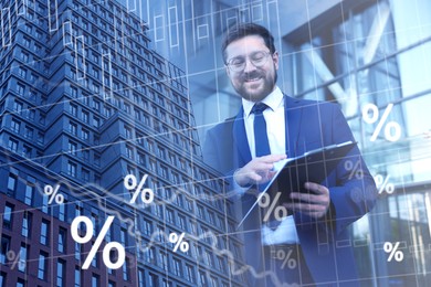 Image of Percent signs, graph, building and businessman, double exposure