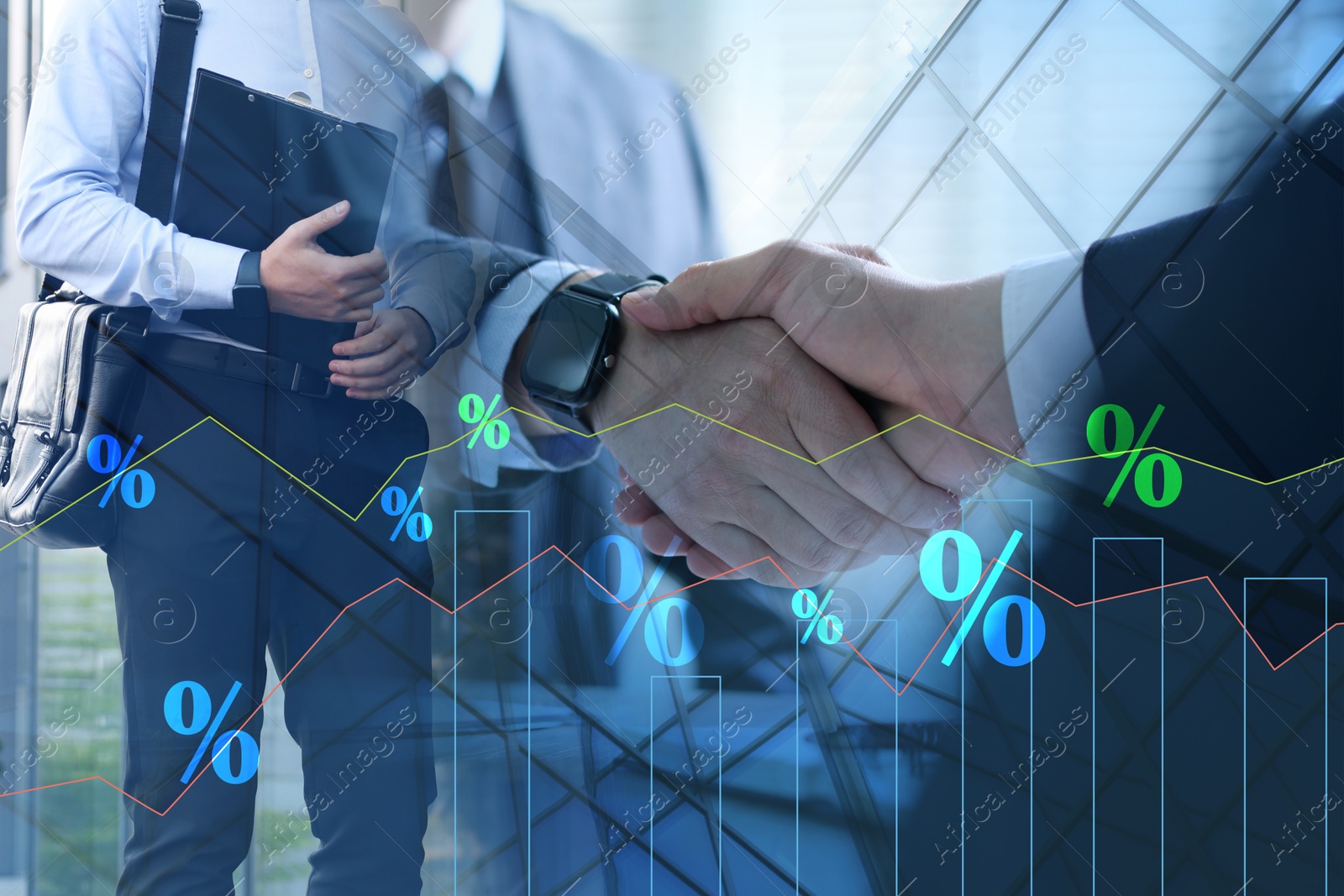Percent signs, graphs, building and businesspeople, double exposure Image of Percent signs, graphs, building and businesspeople, double exposure