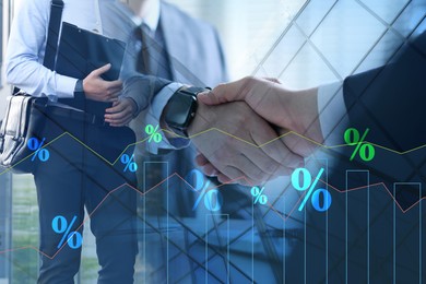 Image of Percent signs, graphs, building and businesspeople, double exposure
