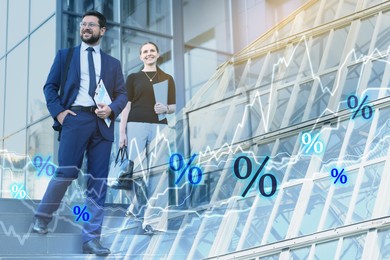 Image of Percent signs, graph, building and businesspeople, double exposure