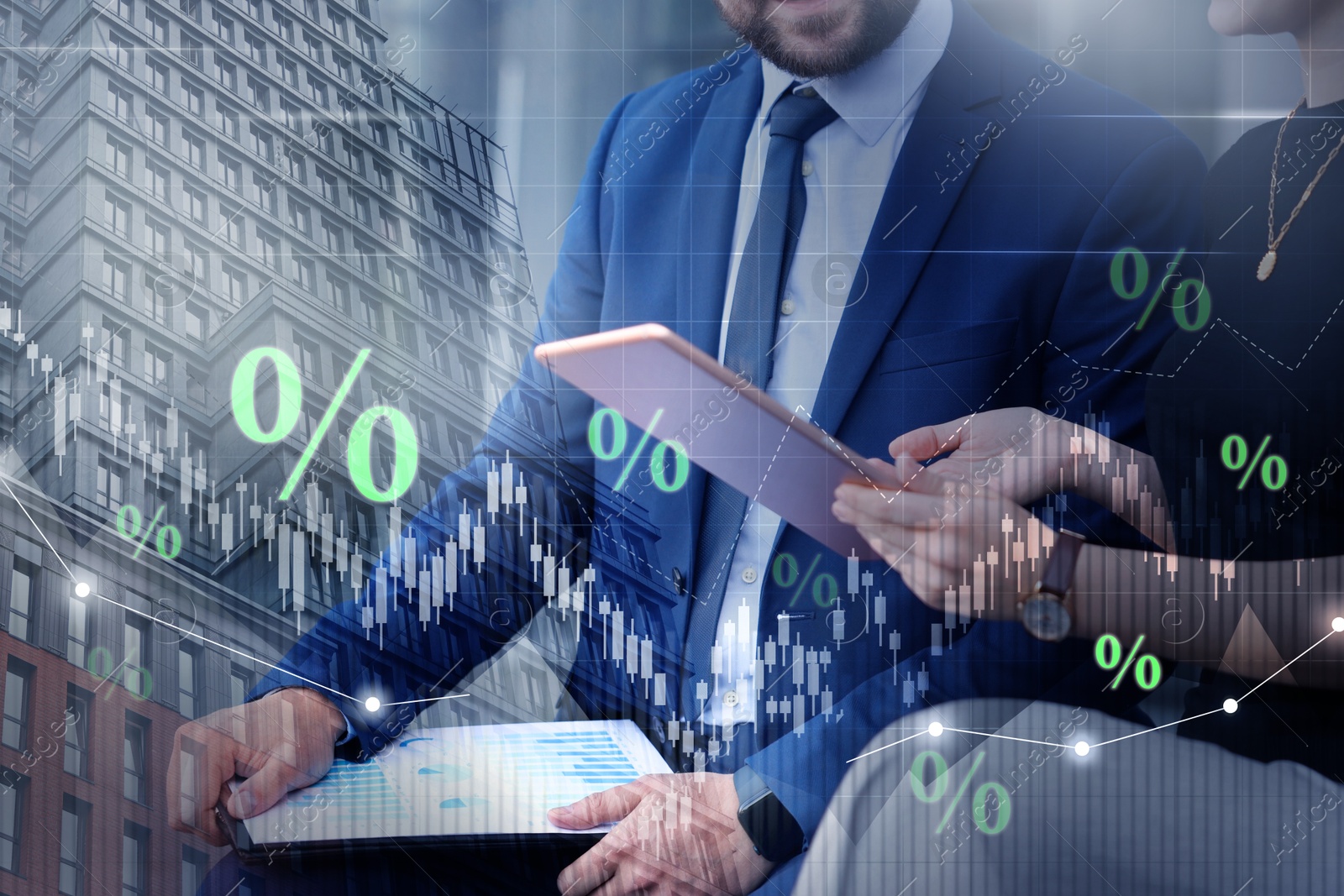 Image of Percent signs, graphs, building and businesspeople, double exposure