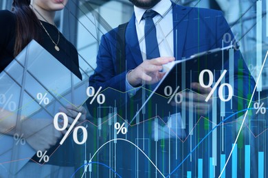 Image of Percent signs, graphs, building and businesspeople, double exposure