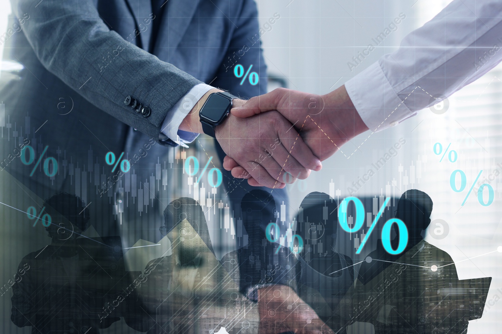 Image of Percent signs, graphs, building and businesspeople, double exposure