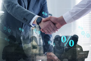 Image of Percent signs, graphs, building and businesspeople, double exposure