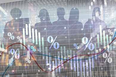 Image of Percent signs, graphs, building and silhouette of businesspeople, double exposure