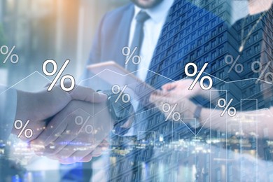 Image of Percent signs, graphs, building and businesspeople, double exposure