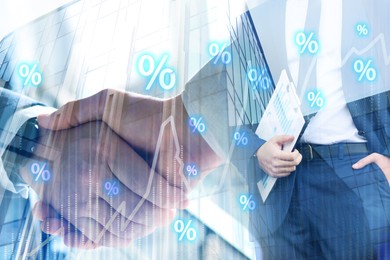 Image of Percent signs, graph, building and businesspeople, double exposure