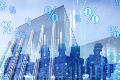 Image of Percent signs, graphs, building and silhouette of businesspeople, double exposure
