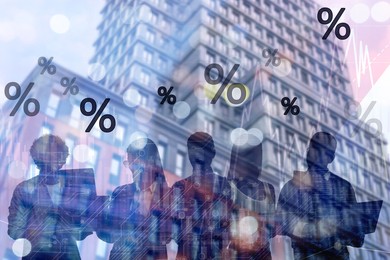 Image of Percent signs, graph, building and silhouette of businesspeople, double exposure