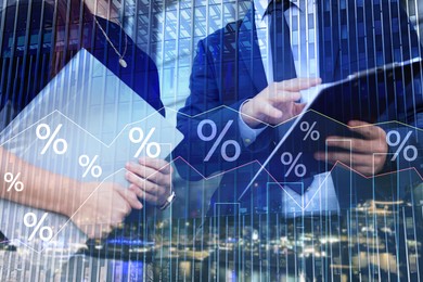 Image of Percent signs, graphs, building and businesspeople, double exposure