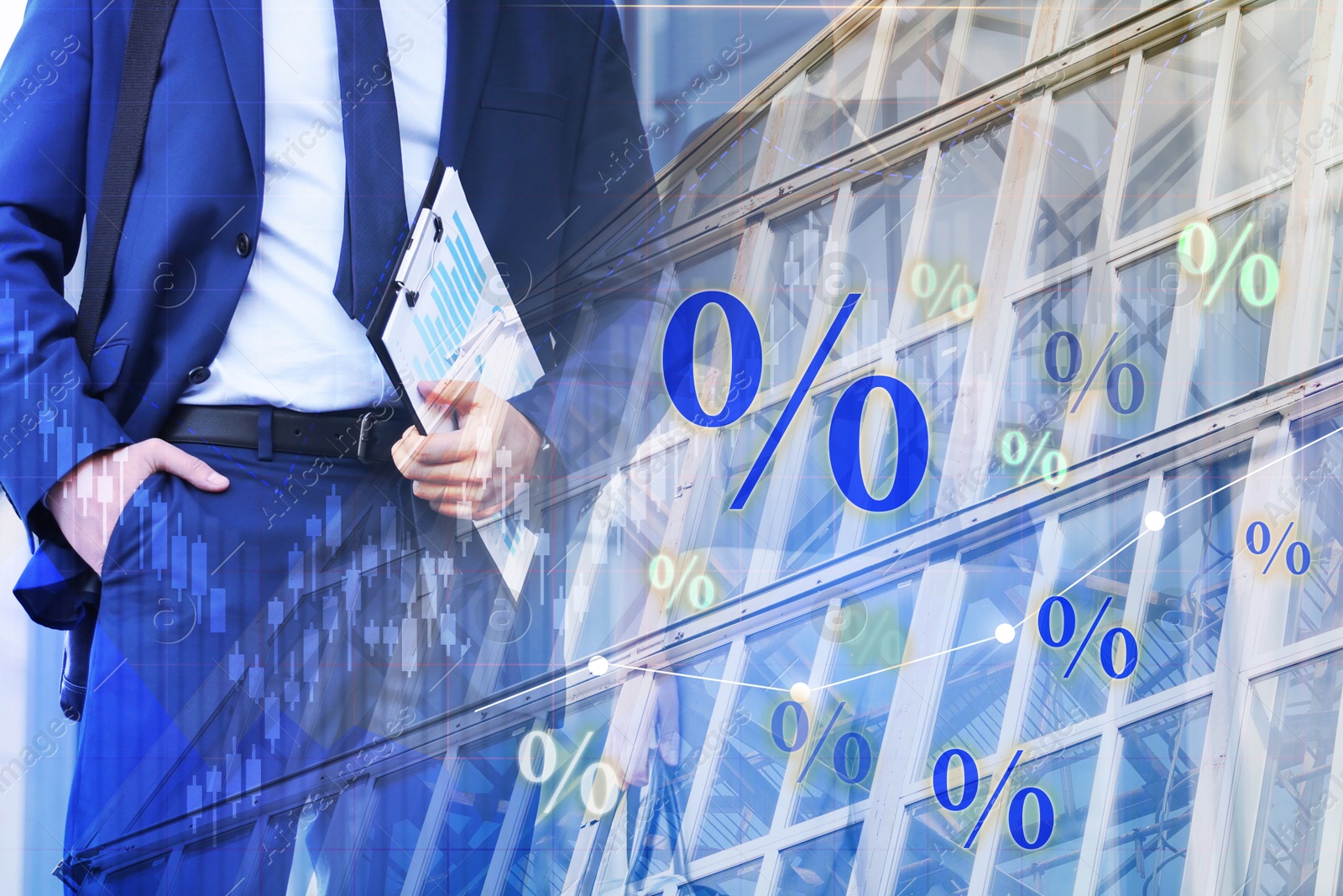 Image of Percent signs, graphs, building and businessman, double exposure