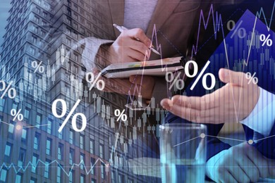 Image of Percent signs, graphs, building and businesspeople, double exposure