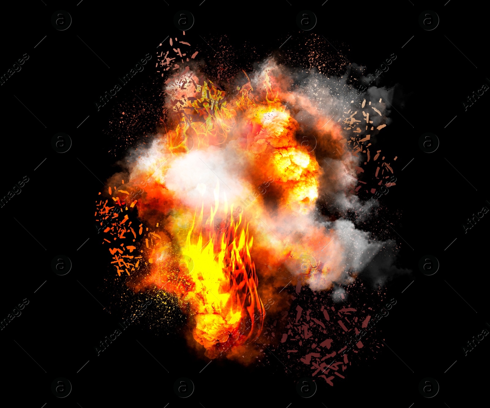 Explosion with fire and smoke on black background. Radioactive hazard Image of Explosion with fire and smoke on black background. Radioactive hazard