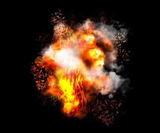 Image of Explosion with fire and smoke on black background. Radioactive hazard