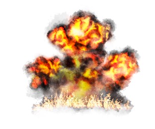 Image of Explosion with fire and smoke on white background. Radioactive hazard
