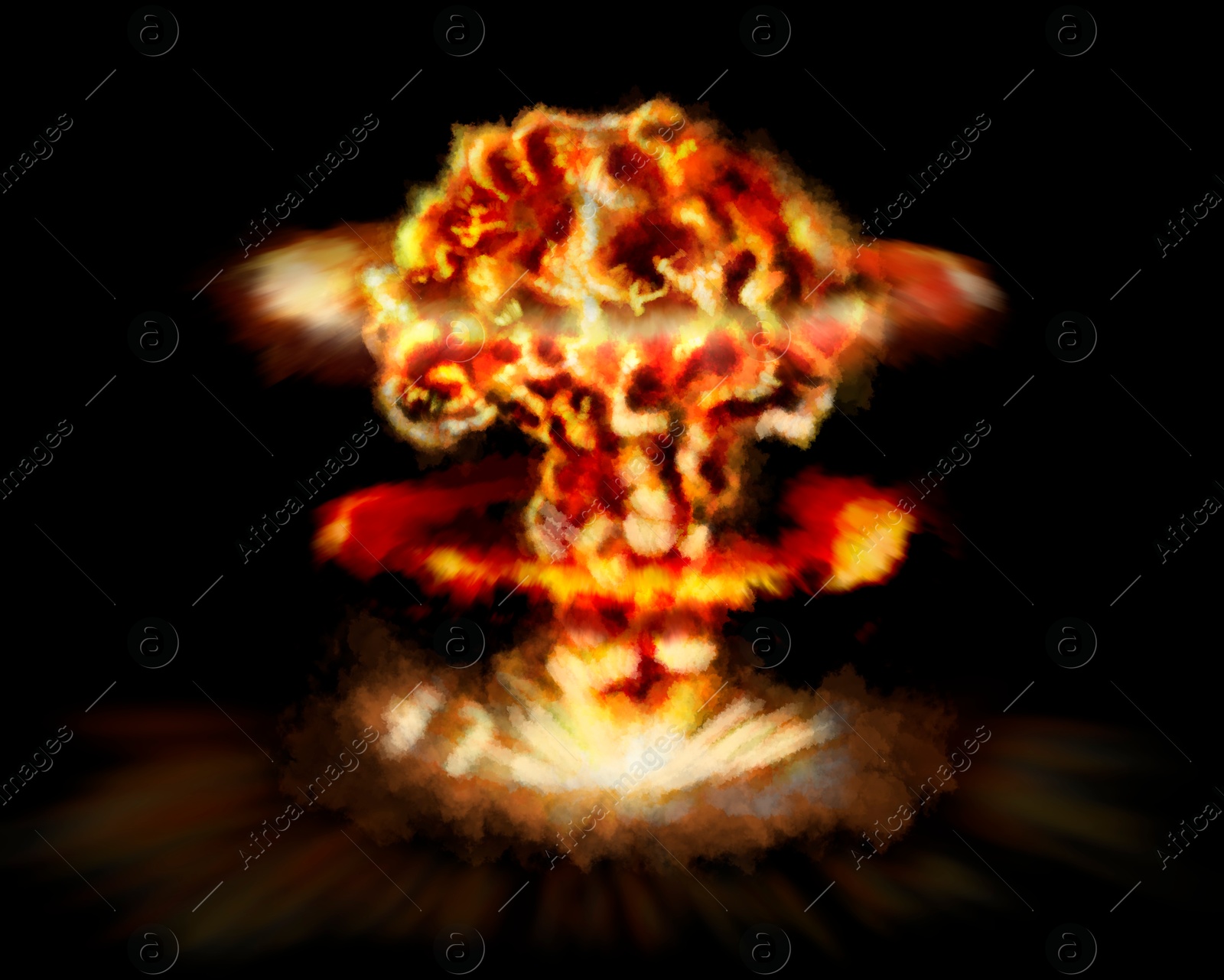 Image of Explosion with fire and smoke on black background. Radioactive hazard