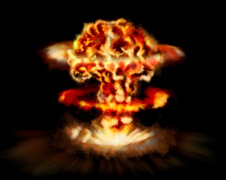 Image of Explosion with fire and smoke on black background. Radioactive hazard