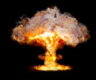 Image of Explosion with fire and smoke on black background. Radioactive hazard