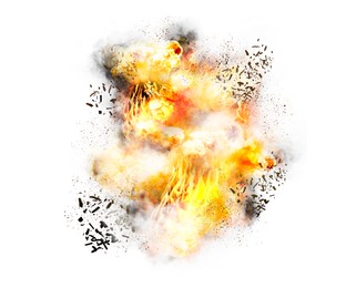 Image of Explosion with fire and smoke on white background. Radioactive hazard