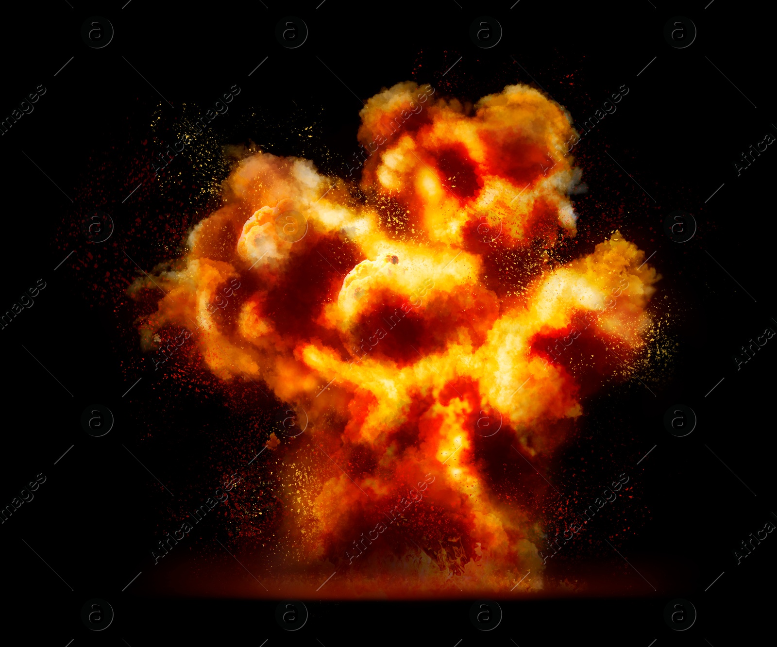 Explosion with fire and smoke on black background. Radioactive hazard Image of Explosion with fire and smoke on black background. Radioactive hazard