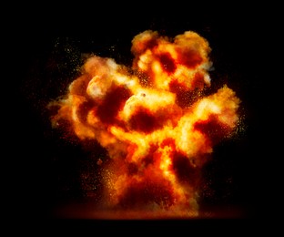 Image of Explosion with fire and smoke on black background. Radioactive hazard