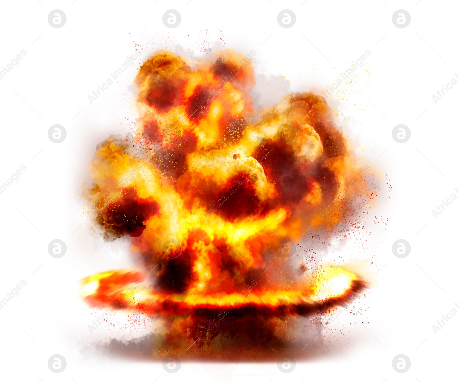 Explosion with fire and smoke on white background. Radioactive hazard Image of Explosion with fire and smoke on white background. Radioactive hazard