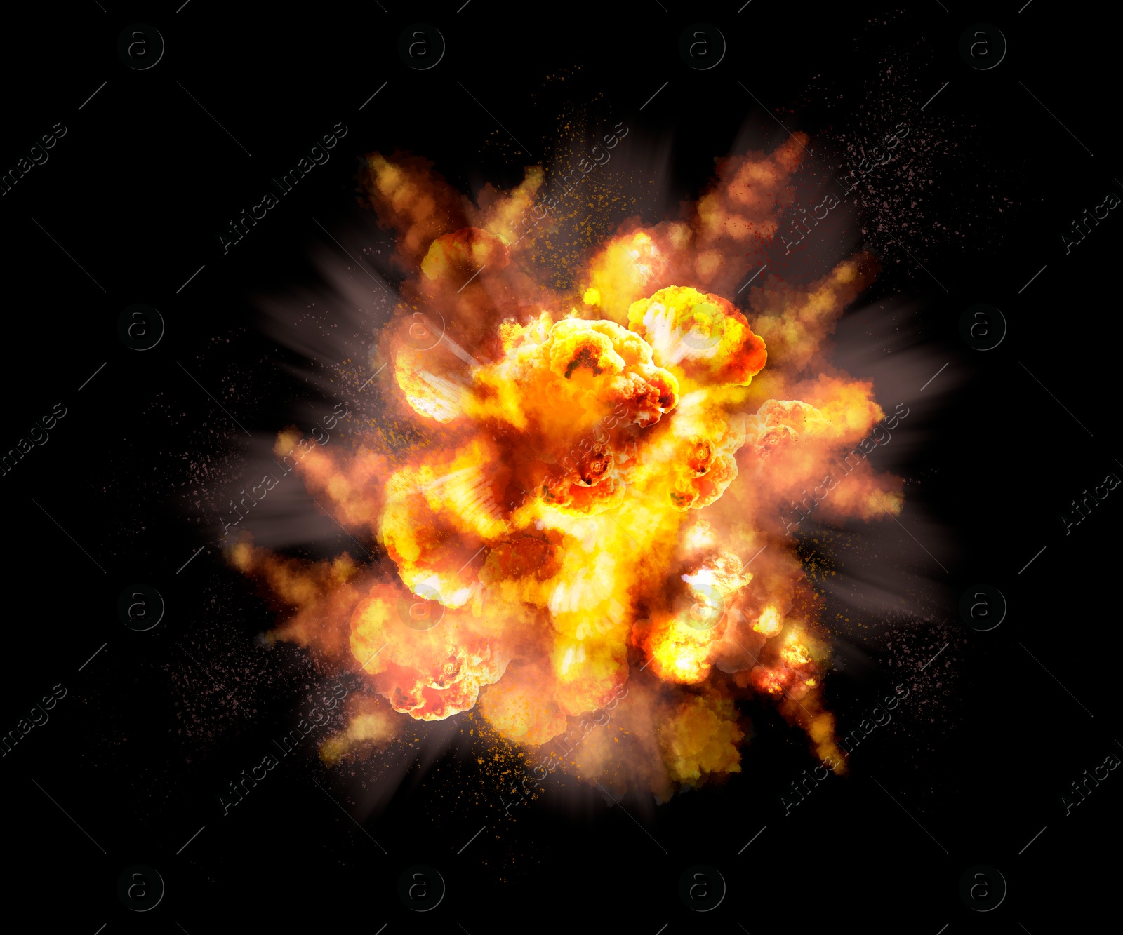 Explosion with fire and smoke on black background. Radioactive hazard Image of Explosion with fire and smoke on black background. Radioactive hazard