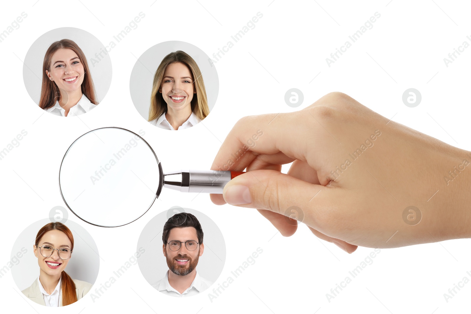 Image of Recruiter with magnifying glass and candidates' photos on white background, closeup. Human resources management