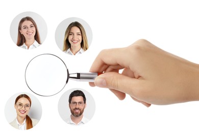 Image of Recruiter with magnifying glass and candidates' photos on white background, closeup. Human resources management