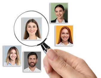Image of Recruiter looking at candidate's photo through magnifying glass on white background, closeup. Human resources management